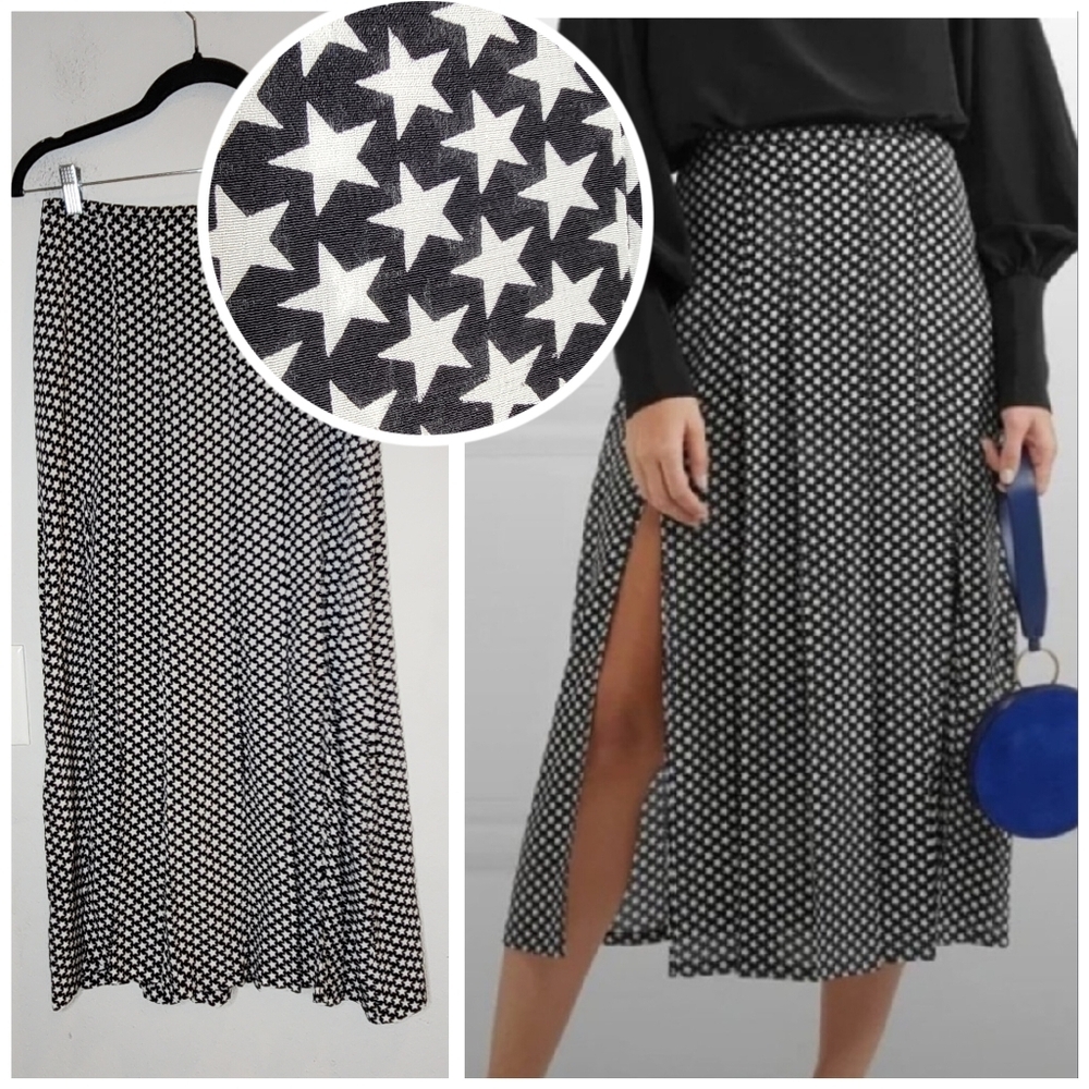 RIXO Georgia Pleated Star Silk Midi Skirt Front Slits Size Medium